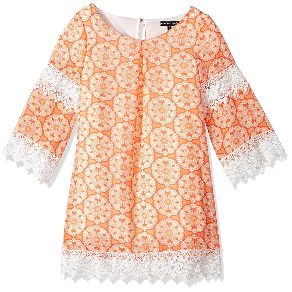 My Michelle Girls Lace Trim Bell Sleeve Shift Dress Coral White Size 14 NWT
